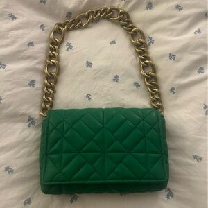 Zara Quilted Emerald Shoulder Bag with Gold Chain